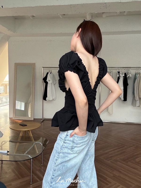澎袖深V領澎下擺性感上衣